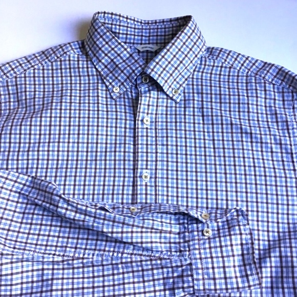 Stenstroms fitted body blue &. Brown checkered cotton dress shirt Sz M - Picture 10 of 11